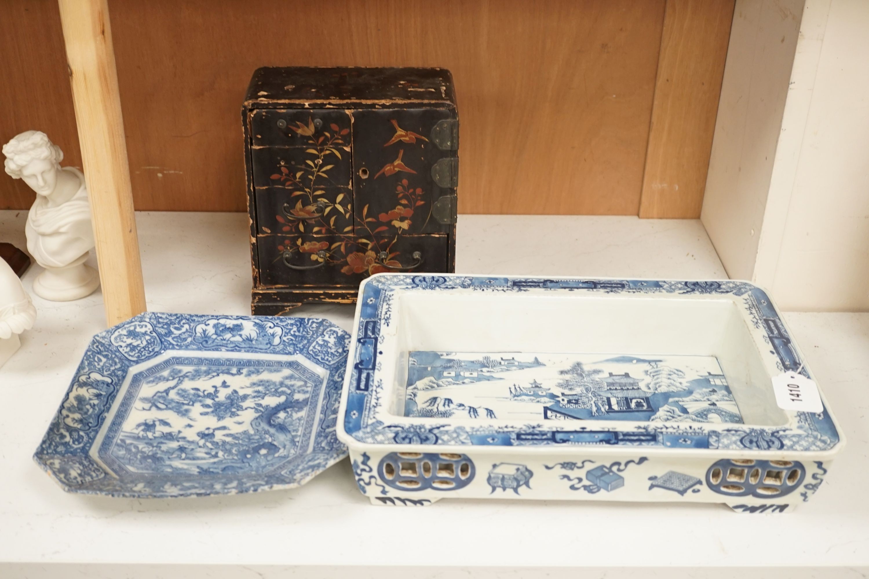 A rectangular Chinese dish, a square blue and white dish and a Japanese lacquer cabinet, rectangular dish 40 cms wide x 28 cms deep.